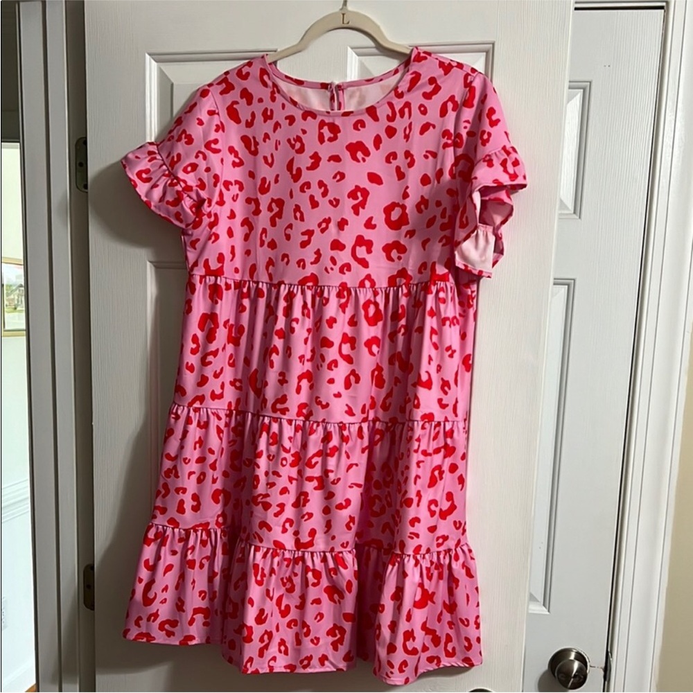 Pink Leopard Print Tiered Dress